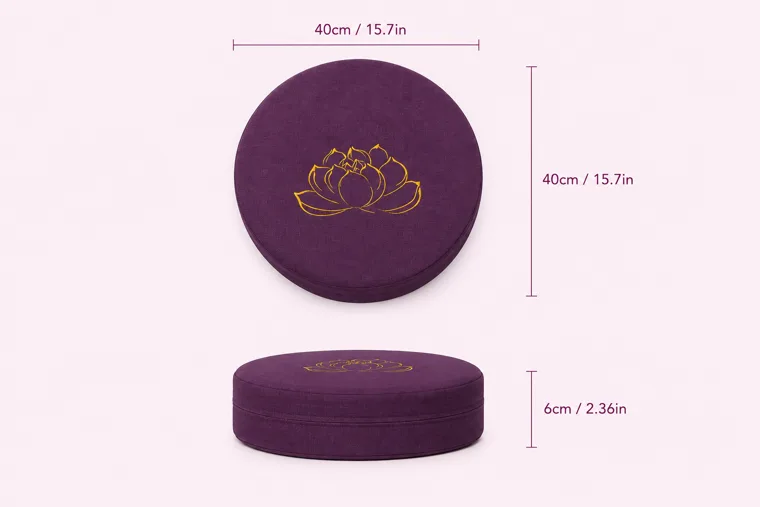 StillSeat meditation cushion measured by hand: 40 cm / 15.7 in wide and 6 cm / 2.36 in thick