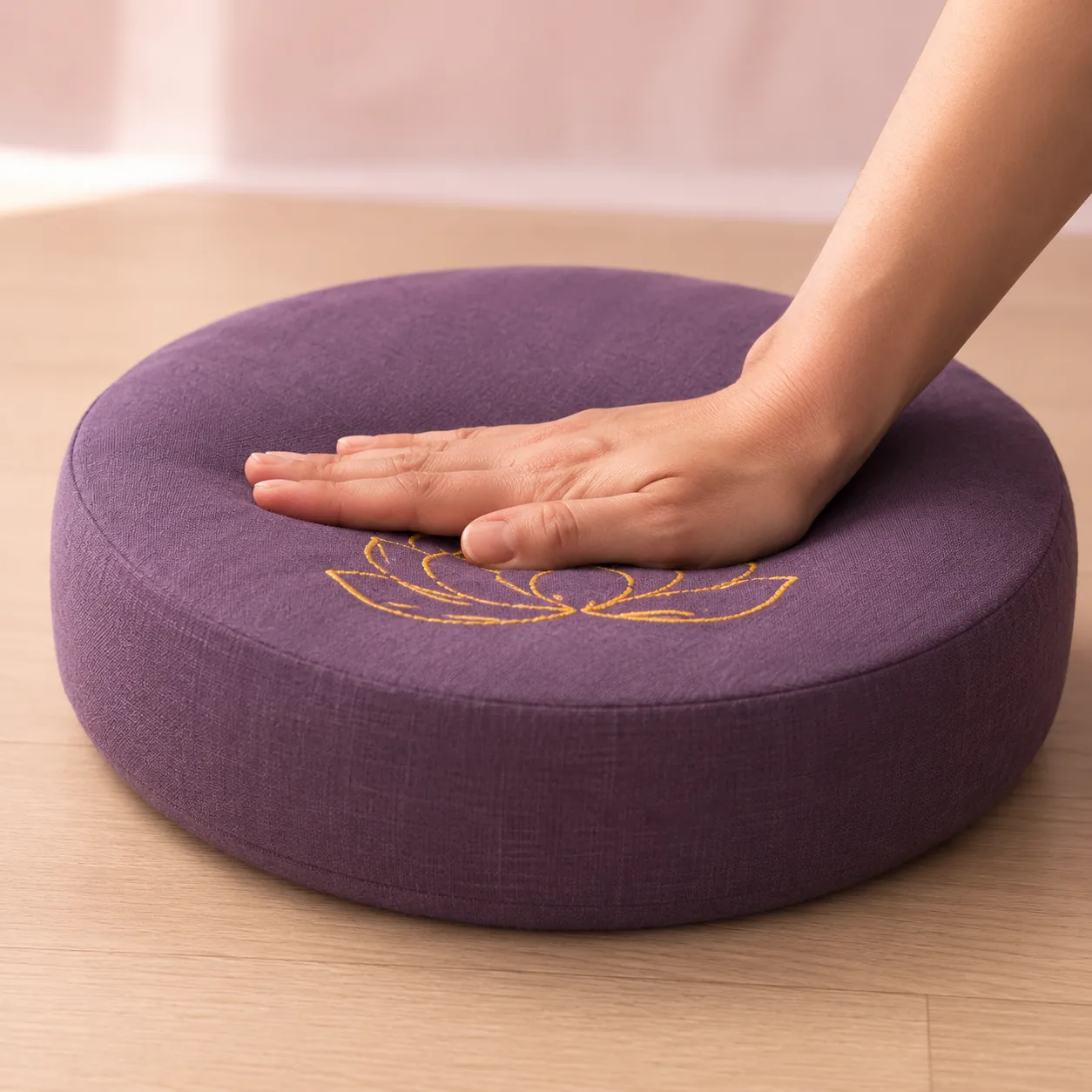 A hand pressing on a firm purple meditation cushion, showing how little the high-density foam compresses