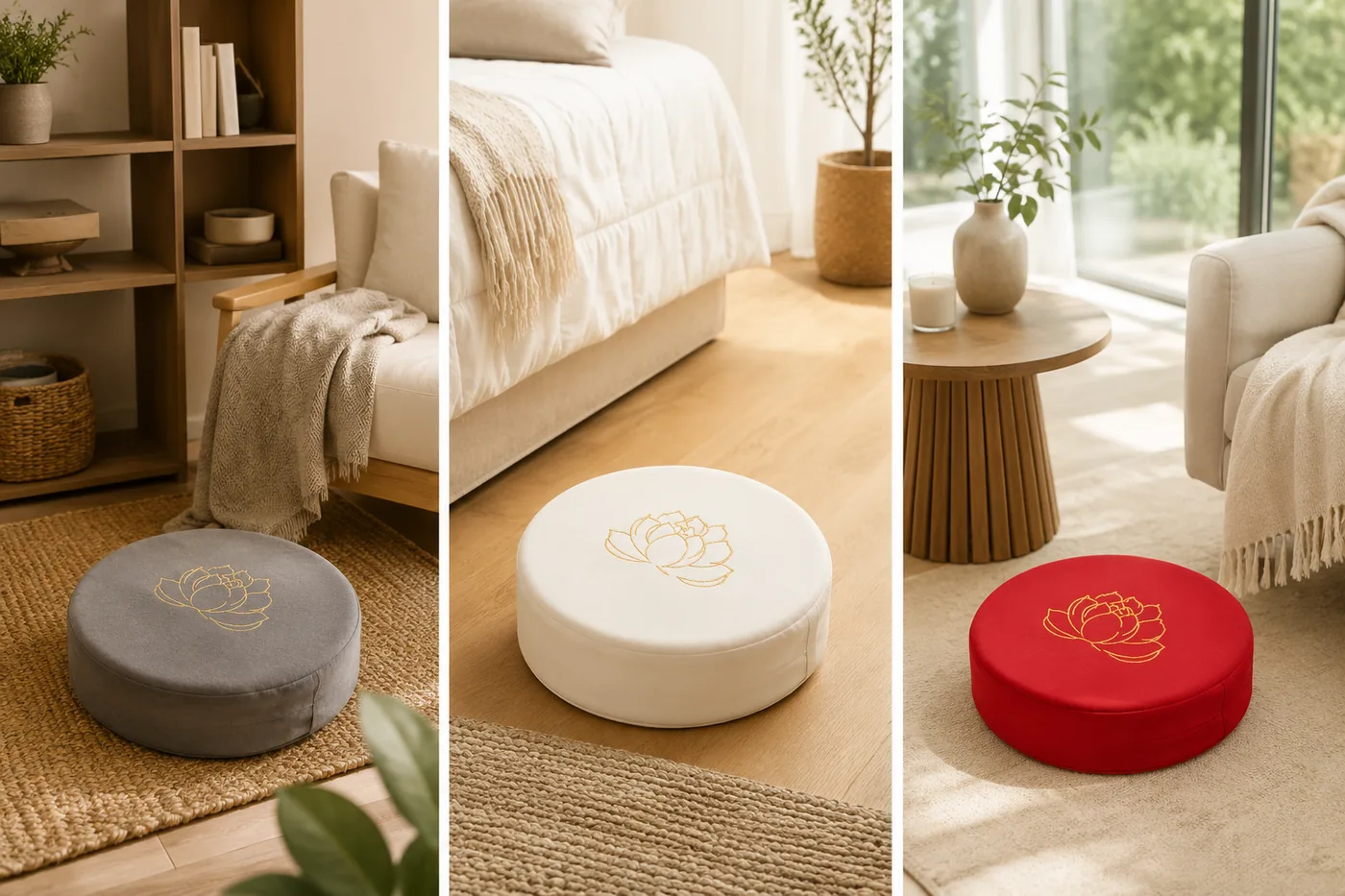 Three StillSeat round meditation cushions in gray, white and red photographed at floor level in three different rooms, showing the flat top and straight side wall of the round profile