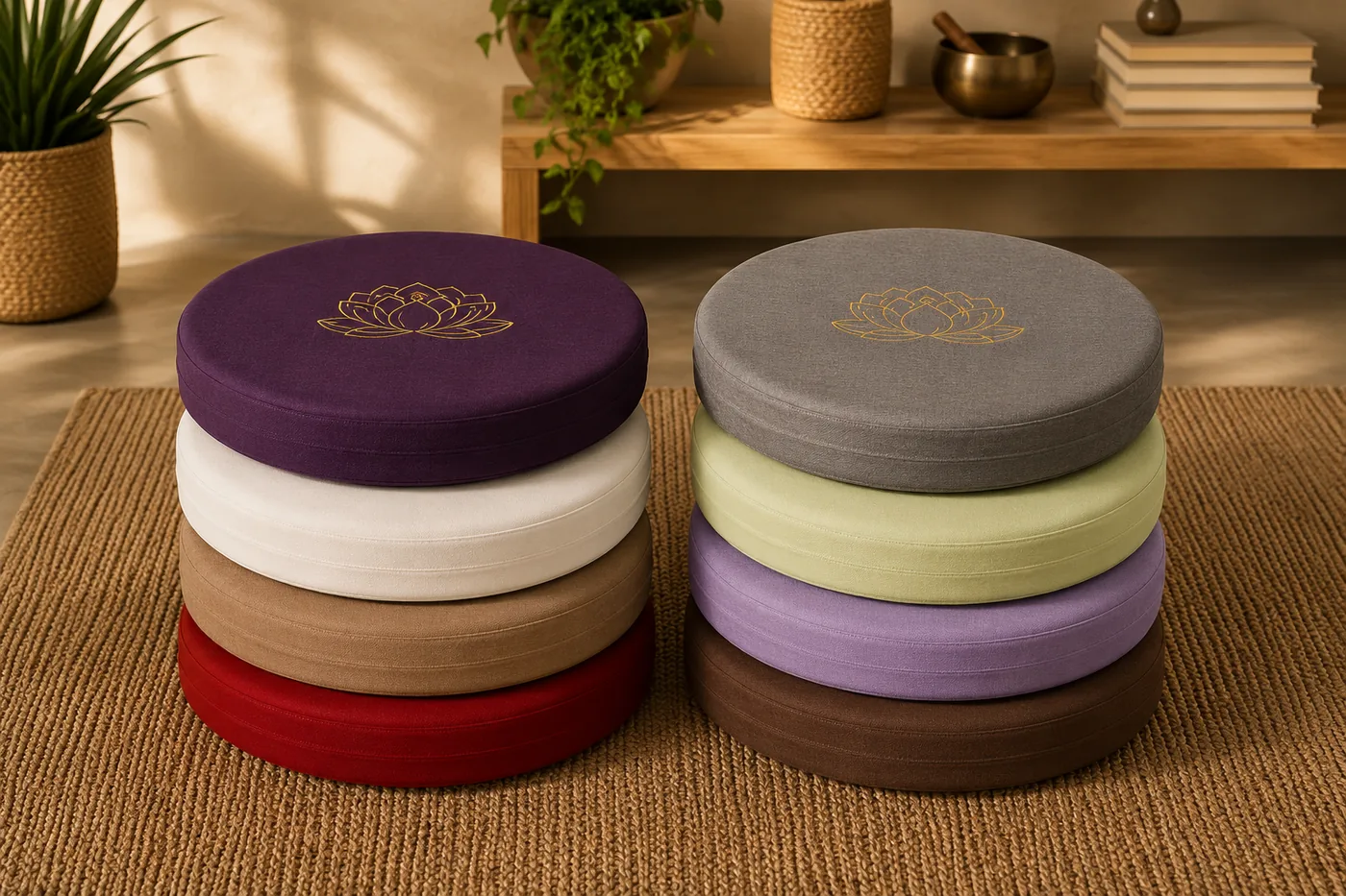 A stack of StillSeat meditation cushions in all seven colors, each with a linen cover and gold lotus embroidery