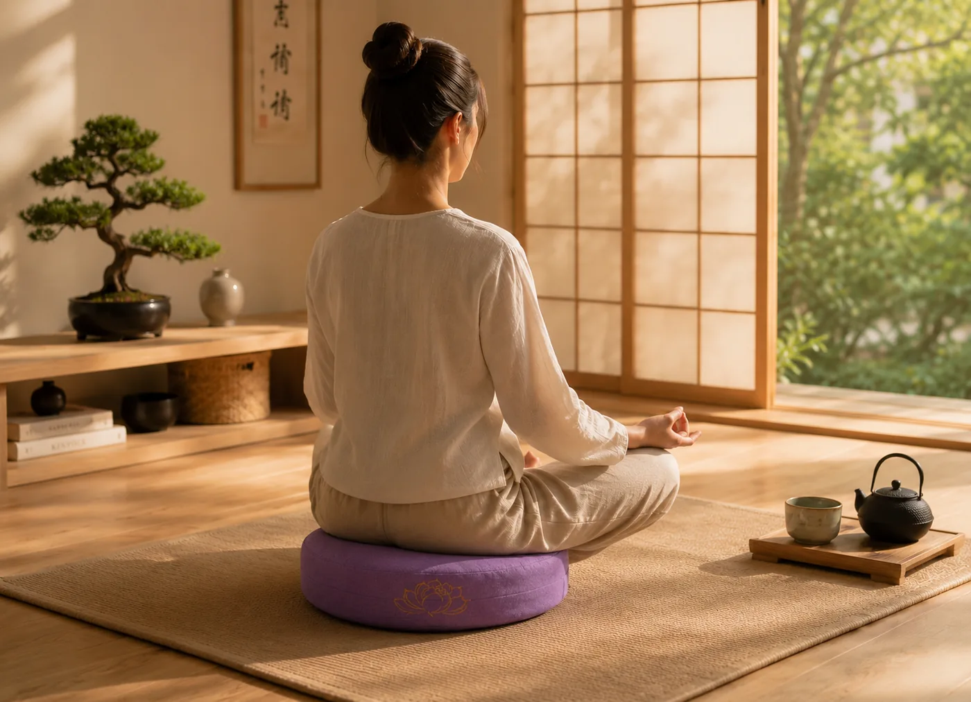 A woman seen from behind meditating on a purple cushion in a calm room with a bonsai, her spine tall and stacked over her hips
