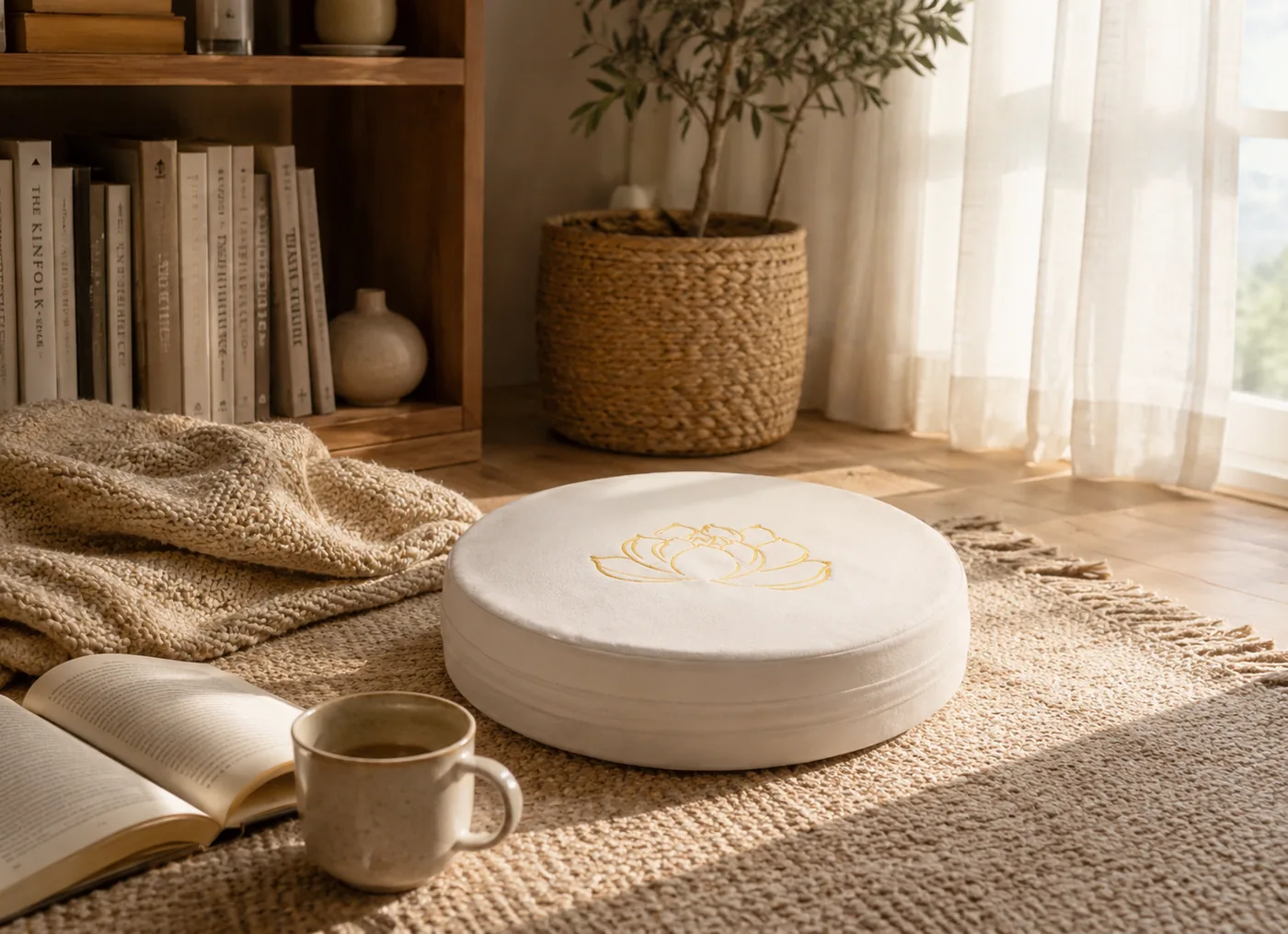 A white StillSeat meditation cushion with gold lotus embroidery resting on a thick woven jute rug beside an open book, a mug and a knit blanket