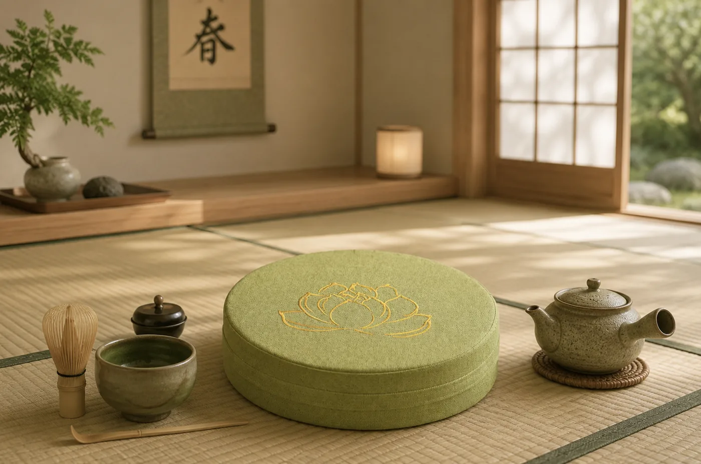 A green StillSeat cushion on a tatami mat beside a tea set, arranged for a calm seiza sit