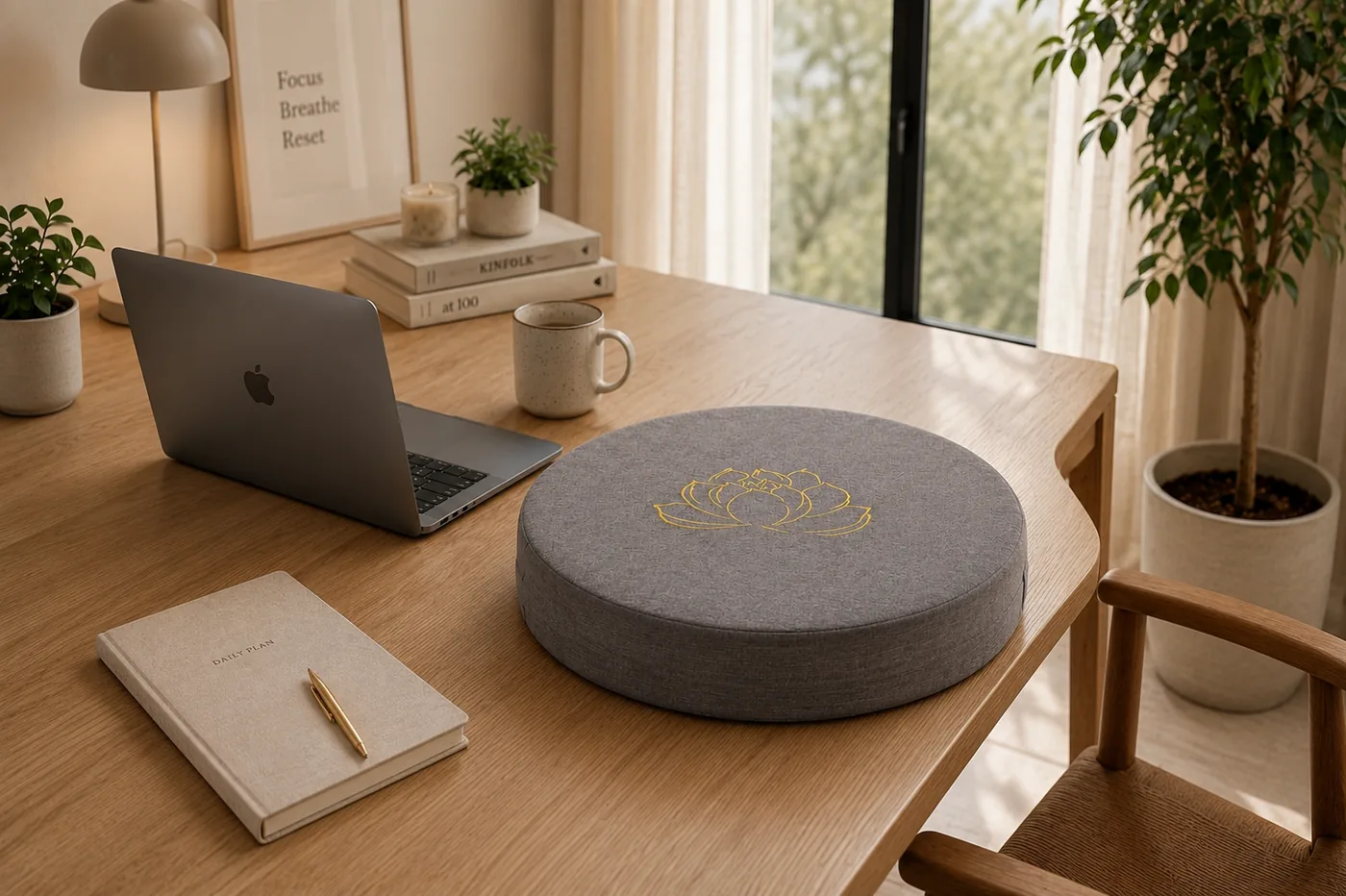 A gray StillSeat cushion placed on a desk beside a laptop, ready for a floor-sitting break during the workday