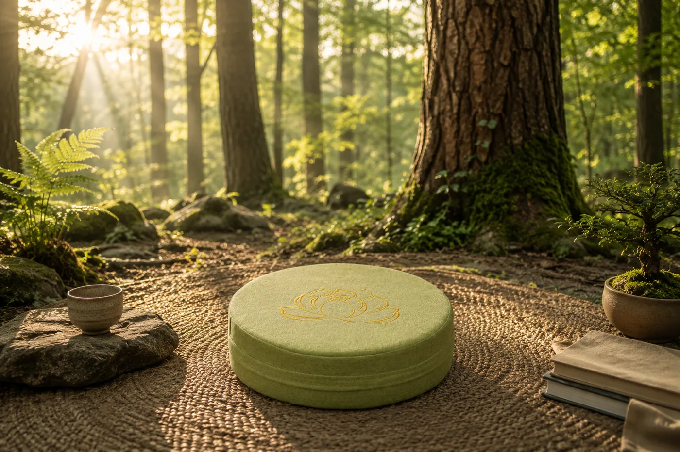A green StillSeat cushion in a forest clearing lit by sunbeams, an invitation to a calm outdoor practice