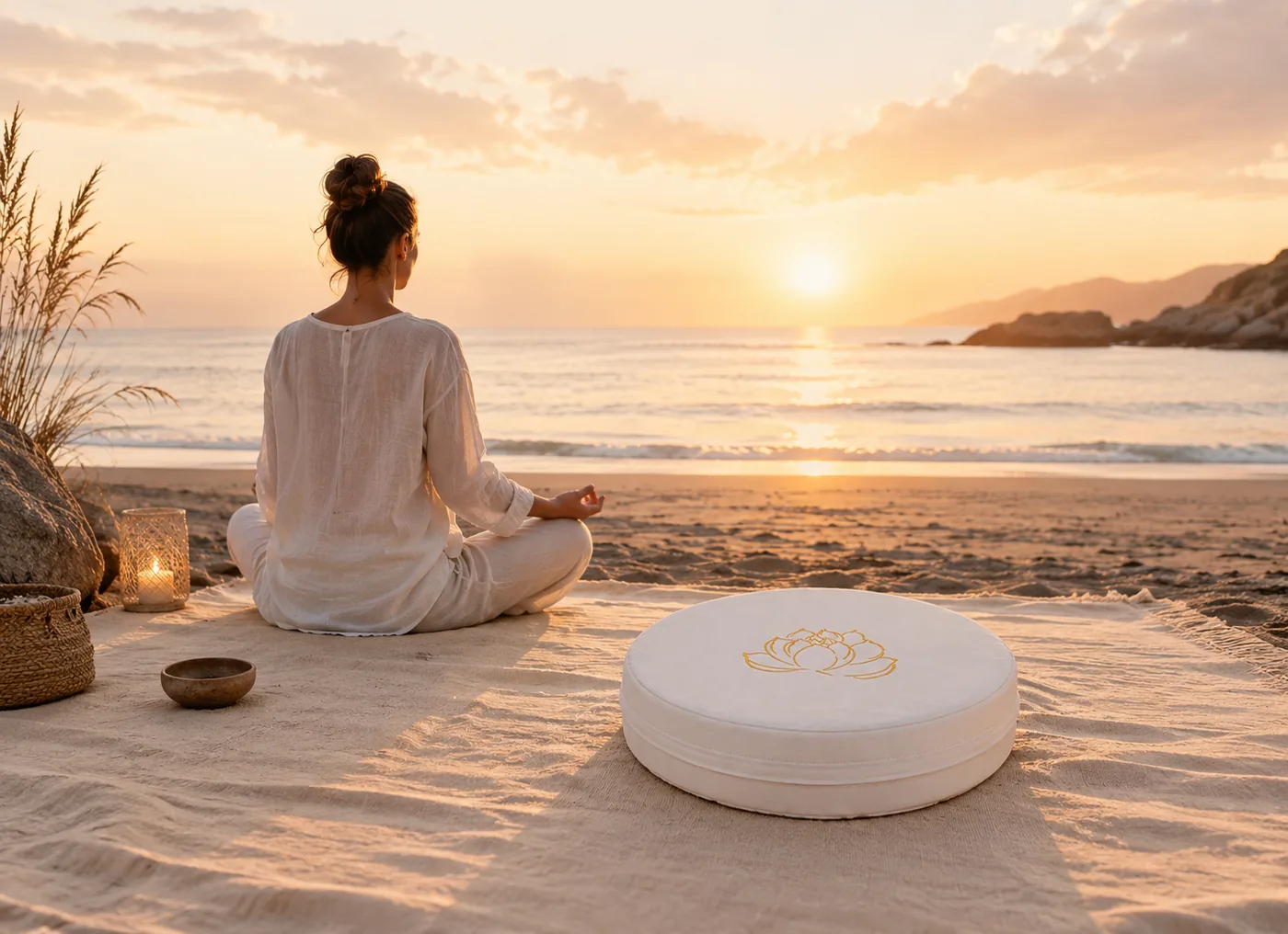 A woman meditating on a white StillSeat cushion on a beach at sunset