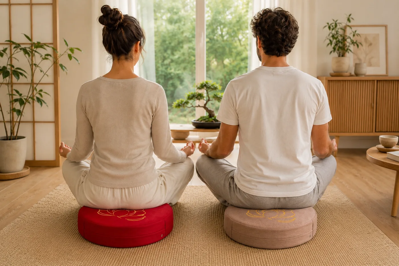 Two people of different builds seen from behind, sitting cross-legged on a red and a dusty-pink StillSeat cushion on a woven mat in a bright room with a bonsai