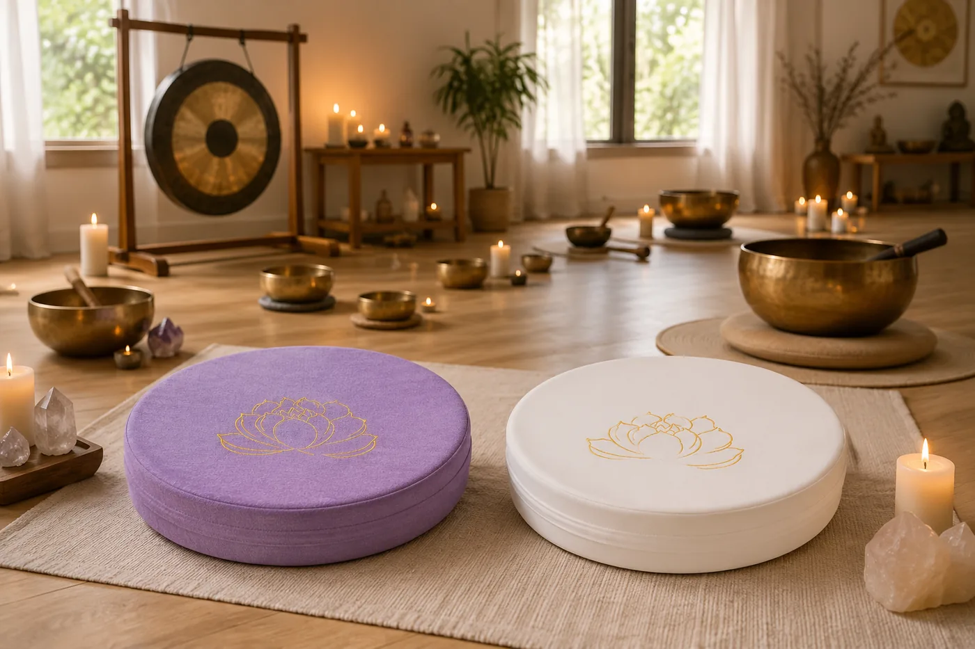 A sound bath studio with a gong and purple and white StillSeat cushions laid out on the floor