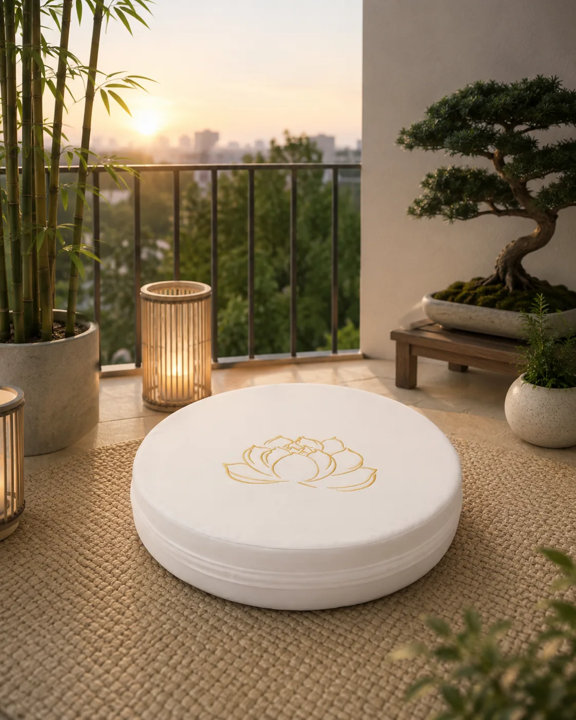 A white StillSeat cushion on a jute rug on a small city balcony at sunset, beside bamboo, a lit lantern and a bonsai