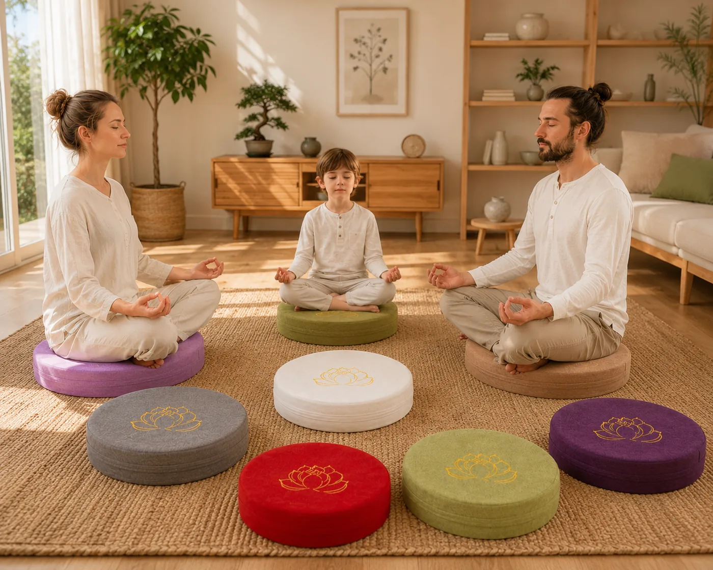 A family of two parents and a child meditating together on StillSeat cushions in several colors