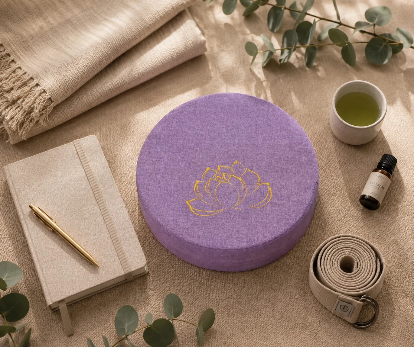 A plum StillSeat cushion in a flat-lay with a cup of tea, a notebook, a pen, and a carry strap