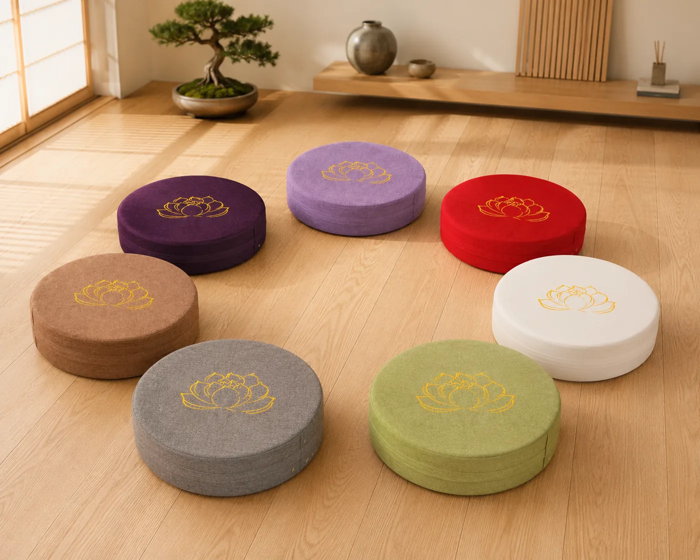 Six StillSeat cushions in different colors arranged in a circle on the floor for group floor seating
